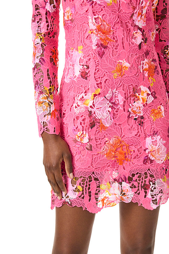 Monique Lhuillier long sleeve mini dress in fuchsia floral printed lace.