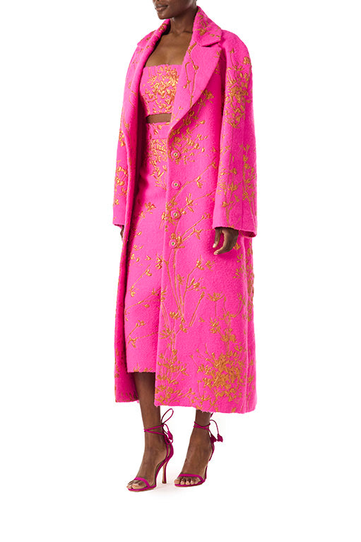 Monique Lhuillier fuchsia wool oversized coat with gold motif embroidery.