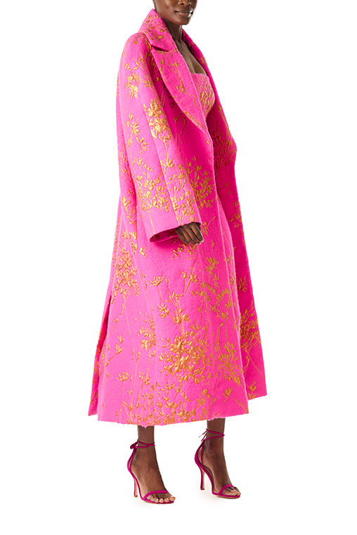 Monique Lhuillier fuchsia wool oversized coat with gold motif embroidery.