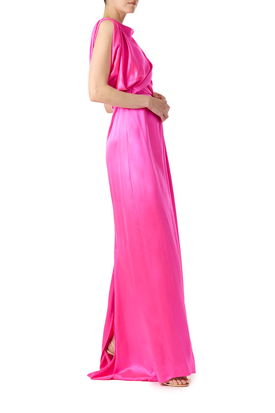 Monique Lhuillier fuchsia crepe back satin gown with asymmetrical draped bodice and V-back.