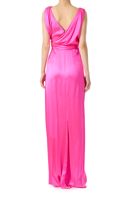 Monique Lhuillier fuchsia crepe back satin gown with asymmetrical draped bodice and V-back.