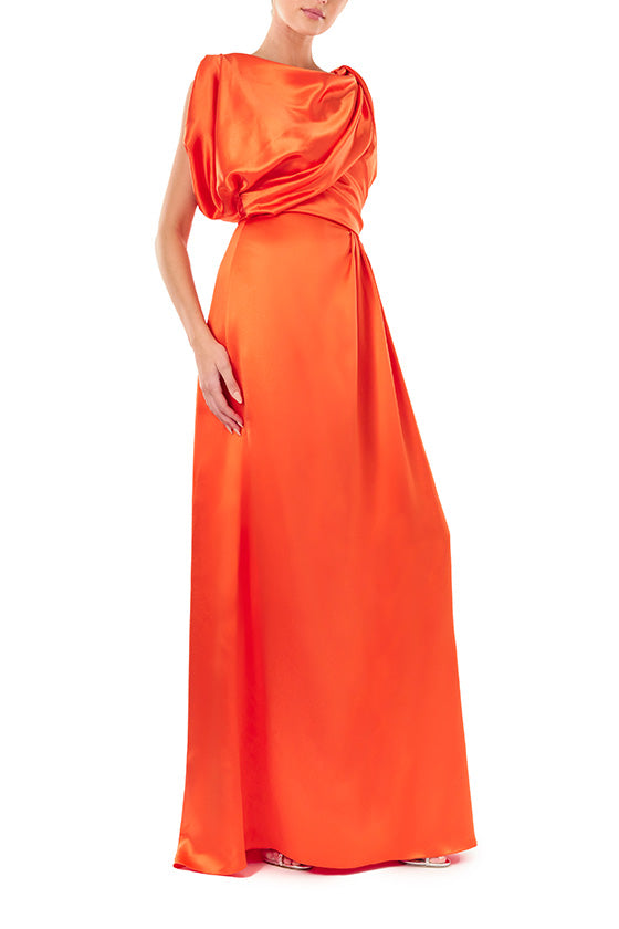 Monique Lhuillier Poppy Red crepe satin evening gown with draped bodice.
