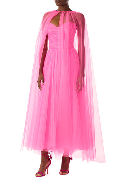 Monique Lhuillier hot pink tulle strapless dress with sweetheart neckline and ruched bodice.