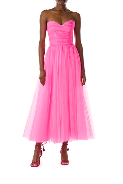 Monique Lhuillier hot pink tulle strapless dress with sweetheart neckline and ruched bodice.