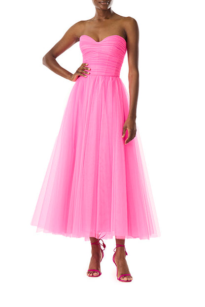 Monique Lhuillier hot pink tulle strapless dress with sweetheart neckline and ruched bodice.