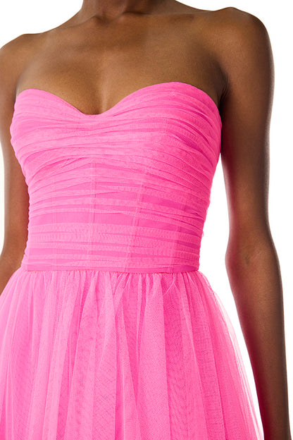 Monique Lhuillier hot pink tulle strapless dress with sweetheart neckline and ruched bodice.