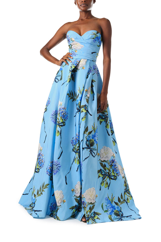 Monique Lhuillier Fall 2024 strapless, a-line gown with sweetheart neckline and high leg slit in Sky Blue Hydrangea printed silk faille - front.