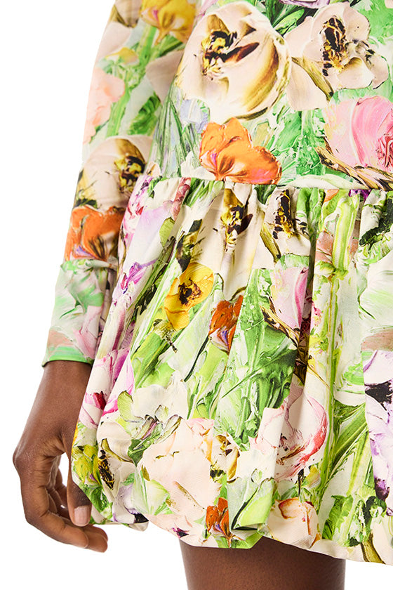Monique Lhuillier long sleeve dress with bubble flounce in floral Lycra.