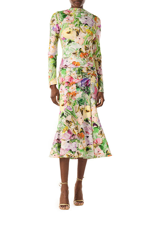 Monique Lhuillier floral printed Lycra dress with long sleeves, v-back and midi-length.