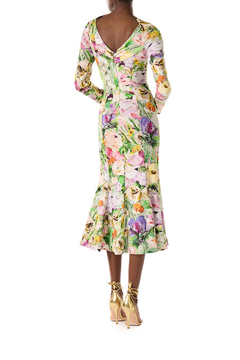 Monique Lhuillier floral printed Lycra dress with long sleeves, v-back and midi-length.