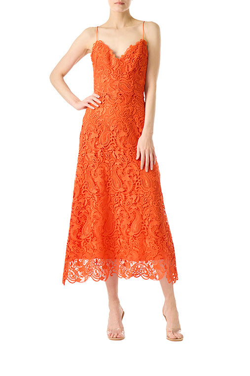 Monique Lhuillier poppy red lace midi dress with spaghetti straps and flared skirt.
