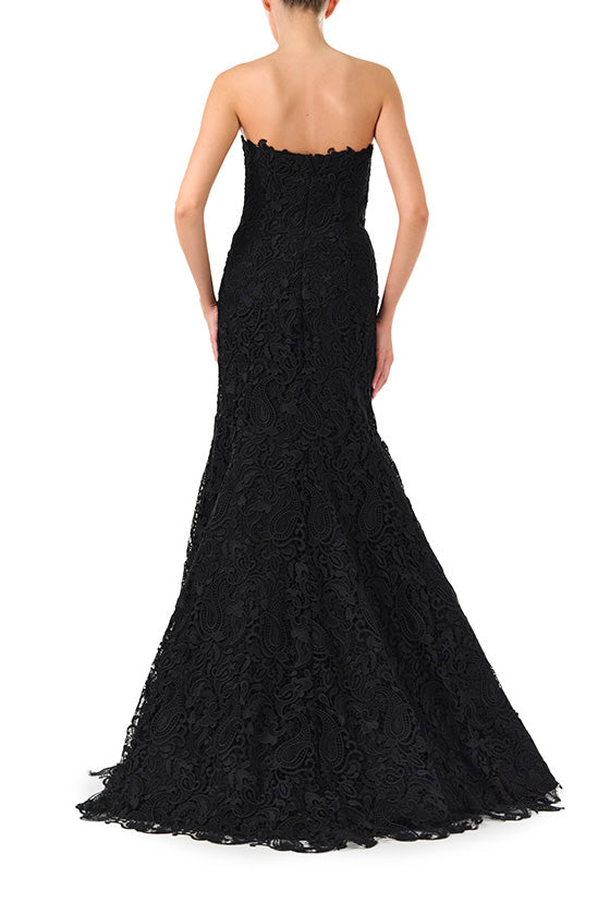 Monique Lhuillier strapless black lace mermaid gown  - back.