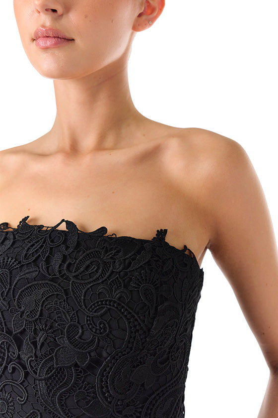 Monique Lhuillier strapless black lace mermaid gown  - neckline.