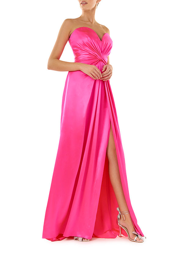 Monique Lhuillier fuchsia Strapless, crepe back satin evening gown with twist draped bodice.