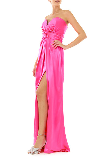 Monique Lhuillier fuchsia Strapless, crepe back satin evening gown with twist draped bodice.