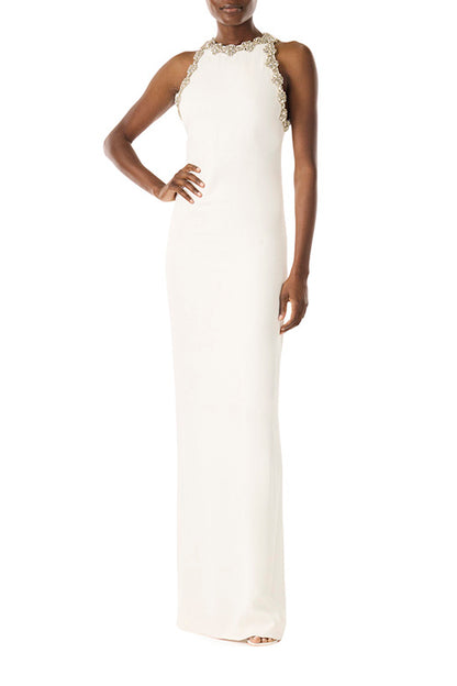 Monique Lhuillier silk white crepe gown with jewel neckline and crystal embroidery.