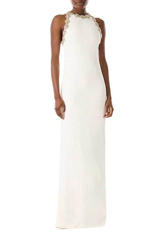 Monique Lhuillier silk white crepe gown with jewel neckline and crystal embroidery.