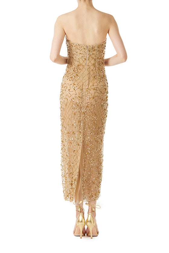 Monique Lhuillier strapless gold embroidered column gown.