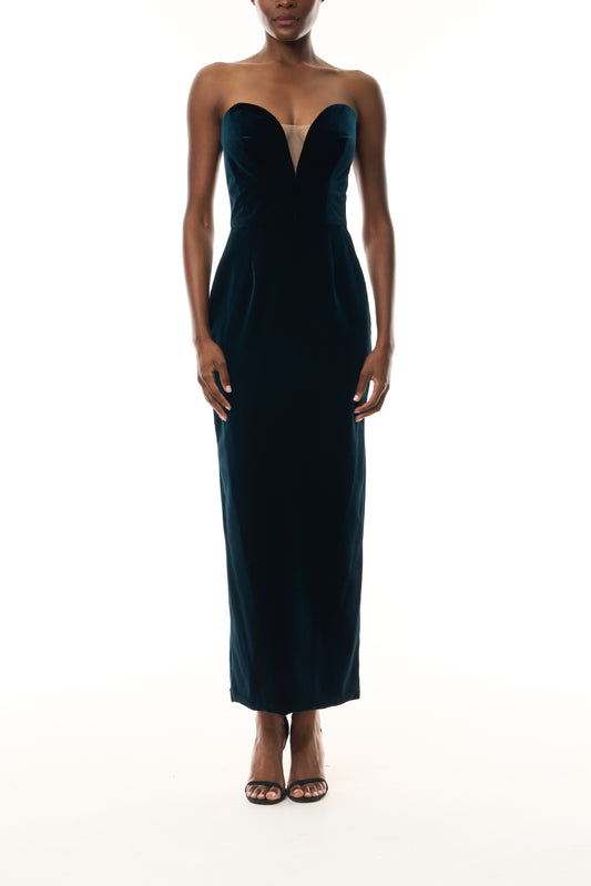 Monique Lhuillier Fall 2023 dark teal strapless velvet cocktail dress with deep plunging sweetheart neckline - front. 