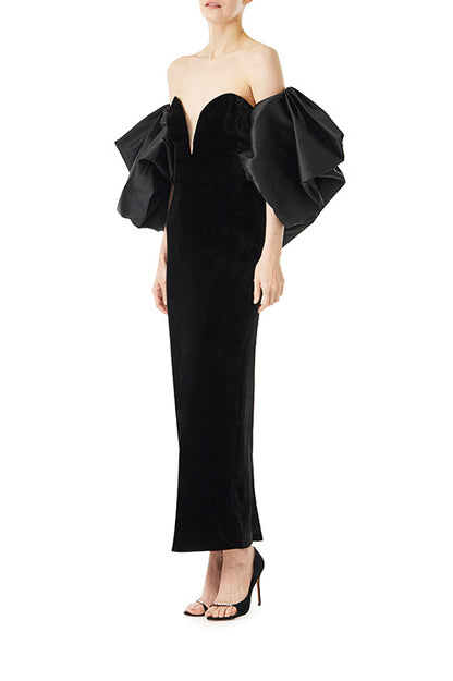 Monique Lhuillier puff sleeve bolero in noir mikado fabric.