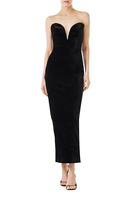 Monique Lhuillier black velvet strapless column dress with plunging, sweetheart neckline.