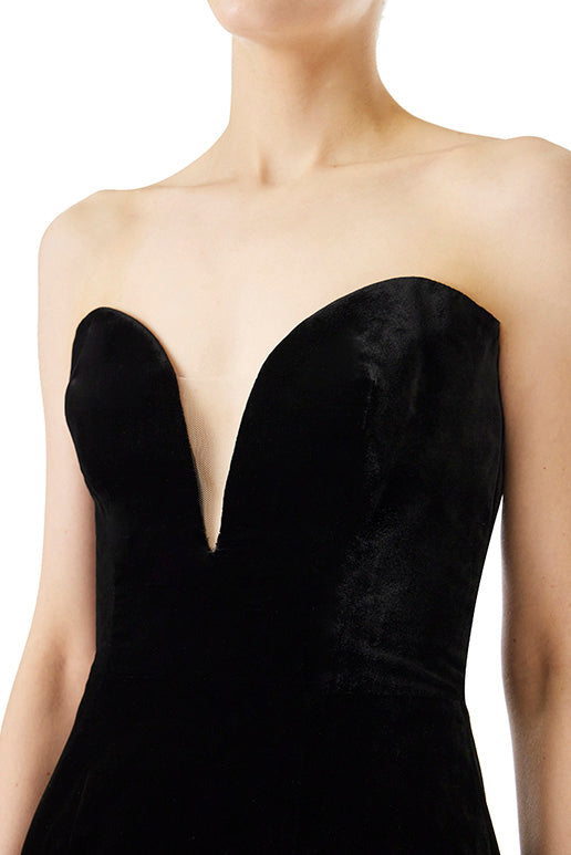 Monique Lhuillier black velvet strapless column dress with plunging, sweetheart neckline.