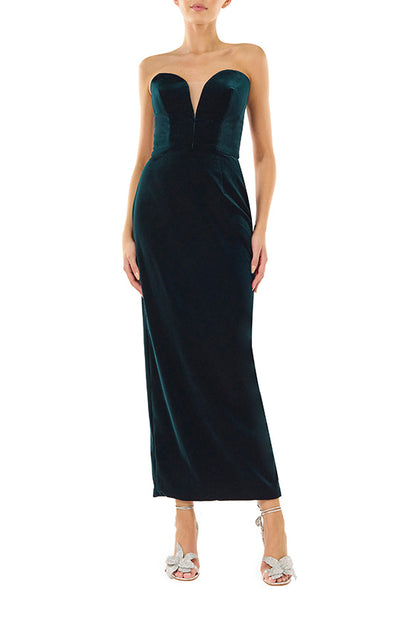 Monique Lhuillier dark teal strapless velvet cocktail dress with deep plunging sweetheart neckline.