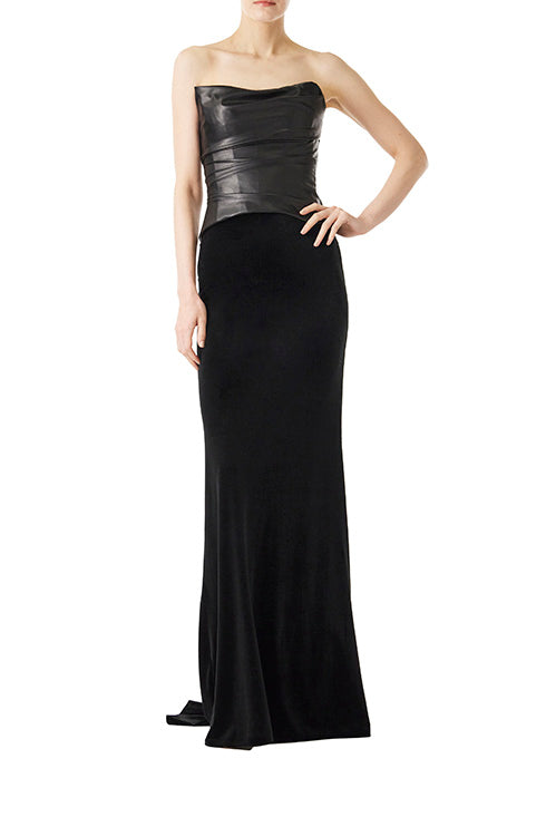 Monique Lhuillier black vegan leather corset shown with our black velvet evening skirt.