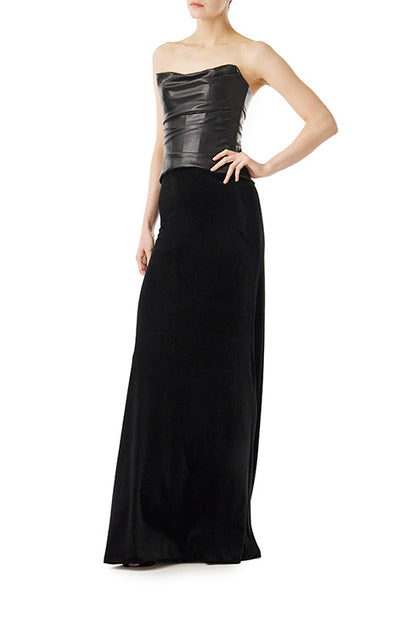 Monique Lhuillier black velvet evening skirt shown with our black vegan leather corset.