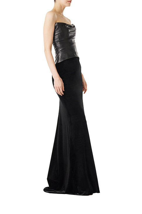 Monique Lhuillier black velvet evening skirt shown with our black vegan leather corset.
