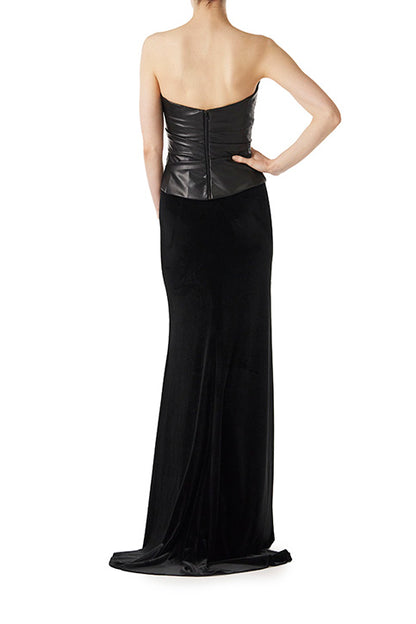 Monique Lhuillier black vegan leather corset shown with our black velvet evening skirt.