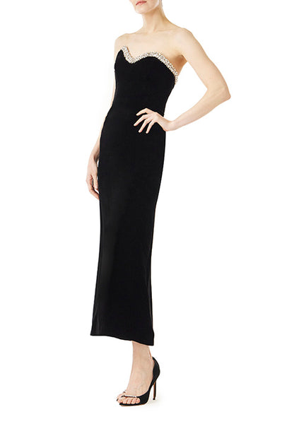 Monique Lhuillier black velvet strapless column dress with crystal embroidery at neckline.