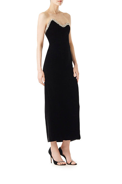 Monique Lhuillier black velvet strapless column dress with crystal embroidery at neckline.