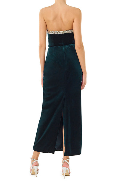 Monique Lhuillier dark teal strapless, tea length column dress with asymmetric bodice and crystal embroidery detail at neckline.