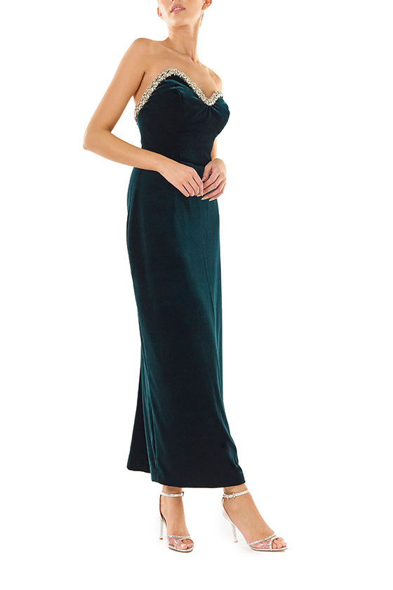 Monique Lhuillier dark teal strapless, tea length column dress with asymmetric bodice and crystal embroidery detail at neckline.
