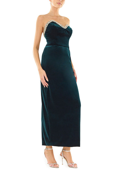 Monique Lhuillier dark teal strapless, tea length column dress with asymmetric bodice and crystal embroidery detail at neckline.