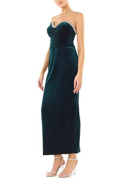 Monique Lhuillier dark teal strapless, tea length column dress with asymmetric bodice and crystal embroidery detail at neckline.