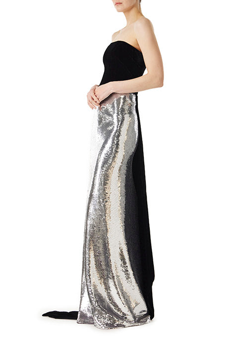 Monique Lhuillier strapless gown in silver sequins and noir velvet.