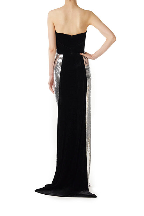 Monique Lhuillier strapless gown in silver sequins and noir velvet.