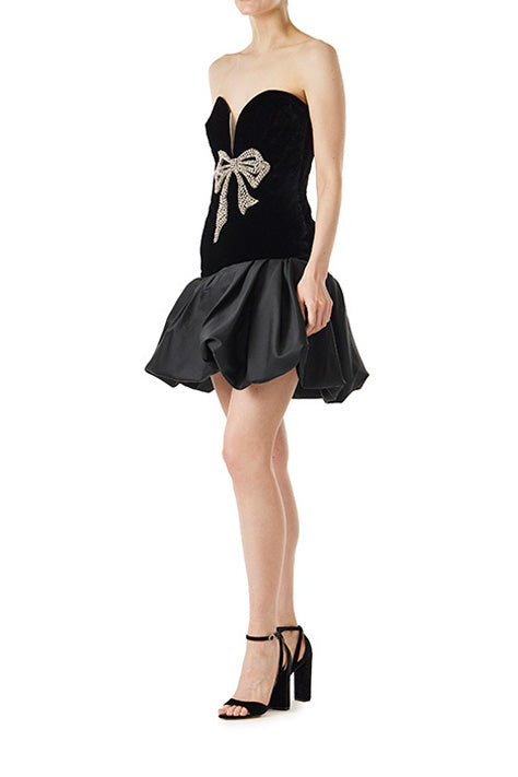 Monique Lhuillier black velvet strapless cocktail dress with deep v-neck and drop waist bubble hem.