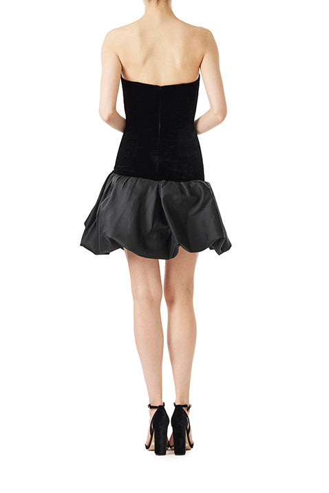 Monique Lhuillier black velvet strapless cocktail dress with deep v-neck and drop waist bubble hem.