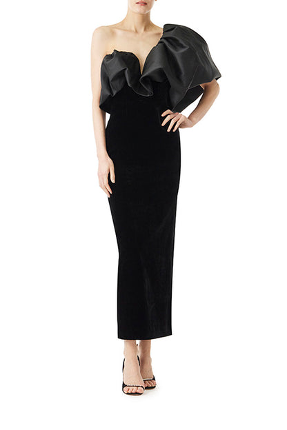 Monique Lhuillier noir velvet and mikado tea-length dress with sculptural one shoulder.