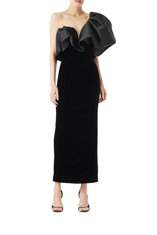 Monique Lhuillier noir velvet and mikado tea-length dress with sculptural one shoulder.