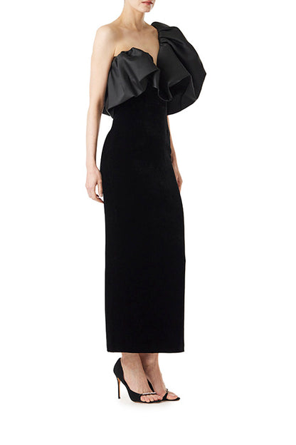 Monique Lhuillier noir velvet and mikado tea-length dress with sculptural one shoulder.