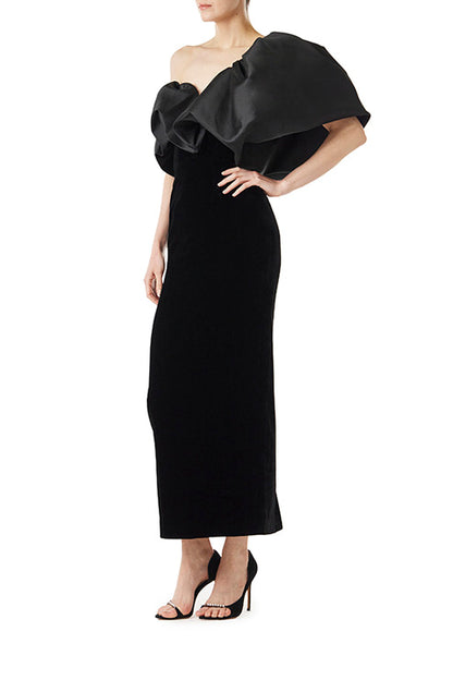 Monique Lhuillier noir velvet and mikado tea-length dress with sculptural one shoulder.