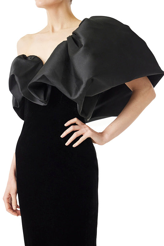 Monique Lhuillier noir velvet and mikado tea-length dress with sculptural one shoulder.