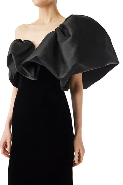 Monique Lhuillier noir velvet and mikado tea-length dress with sculptural one shoulder.