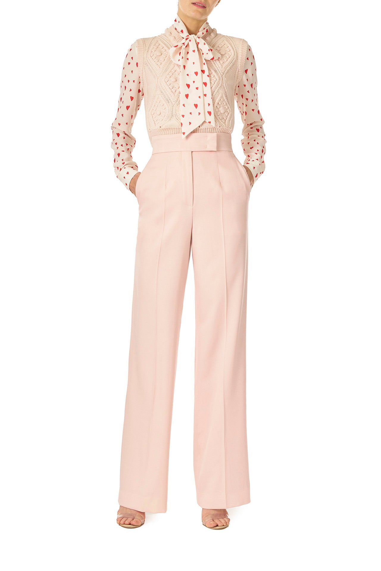 Monique Lhuillier Wool straight leg trouser with pockets in Pale Blush wool - front full length.