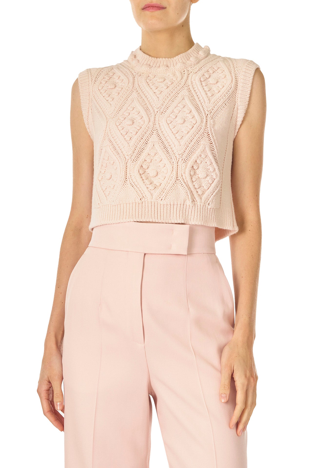 Monique Lhuillier Wool straight leg trouser with pockets in Pale Blush wool - front detail.