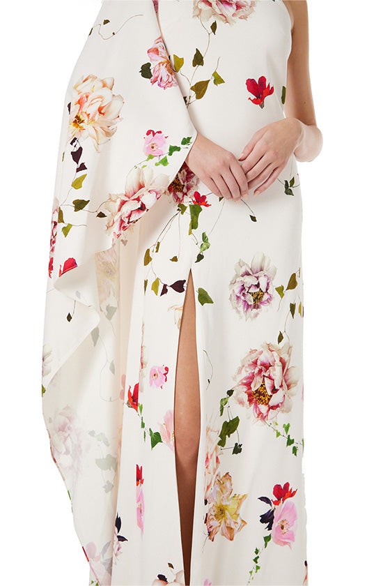 Monique Lhuillier Spring 2024 One Shoulder Floral Caftan in silk white - detail.